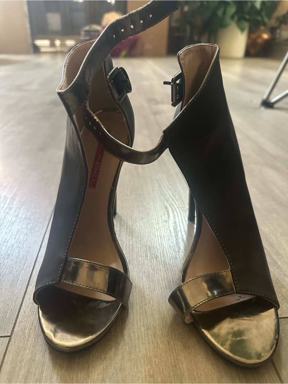 L.A. Gear Black and Metallic Open-Toe Ankle-Strap Heels
